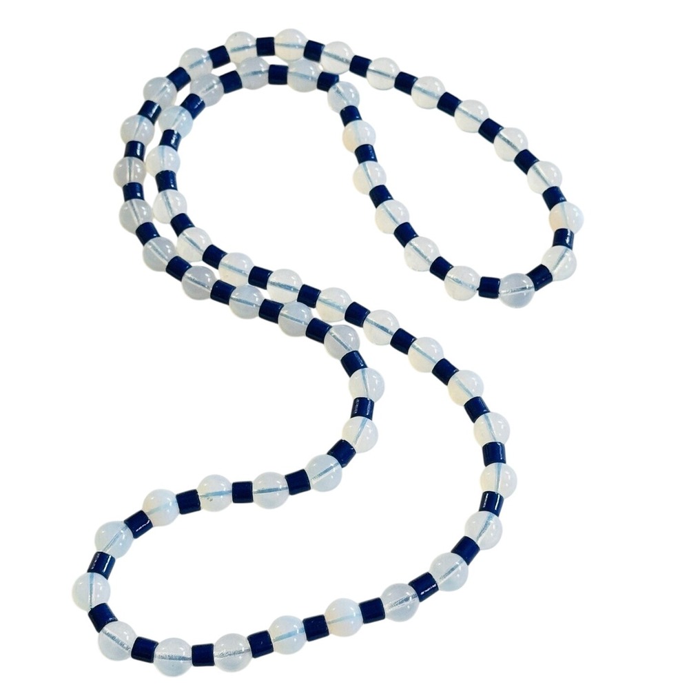 VTG Opalescent Necklace Opalite Art Glass Cobalt Blue Beaded Murano Venetian 32"